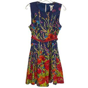 Esley Blue Red Floral Shift Dress Size Large Sleeveless Belted Cotton